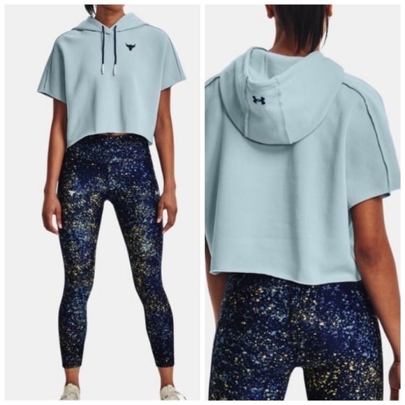 Under Armour Project Rock Womens Large  Blue Short Sleeve Fleece Hoodie - Picture 3 of 12